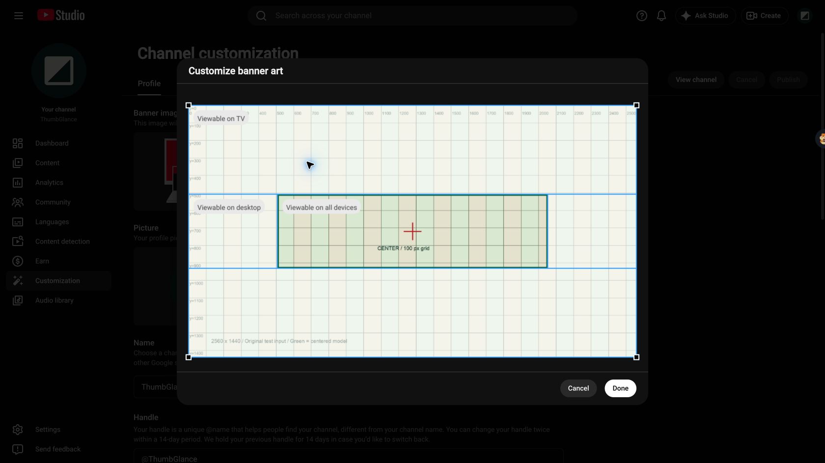 Our 100 pixel ruler image in the YouTube Studio crop dialog, with nested TV, desktop and all devices regions
