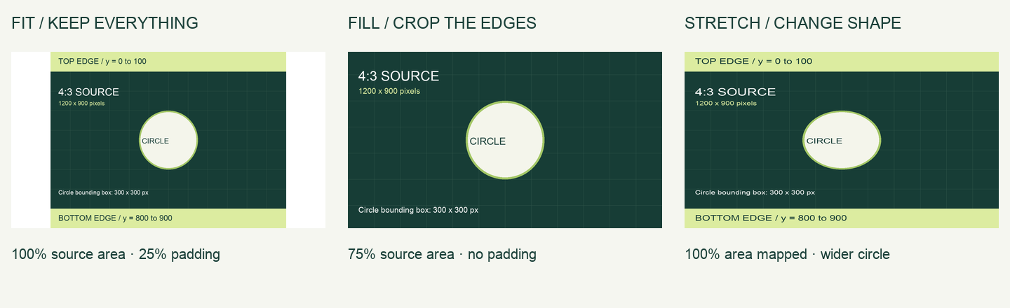 Three versions of the same gridded source: Fit has side padding, Fill loses the top and bottom bands, and Stretch makes the central circle wider